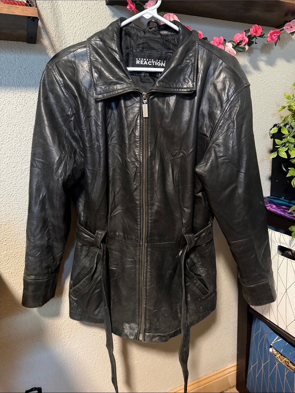 Kenneth Cole Reaction Black Leather Zip-Front Tie-Waist Jacket